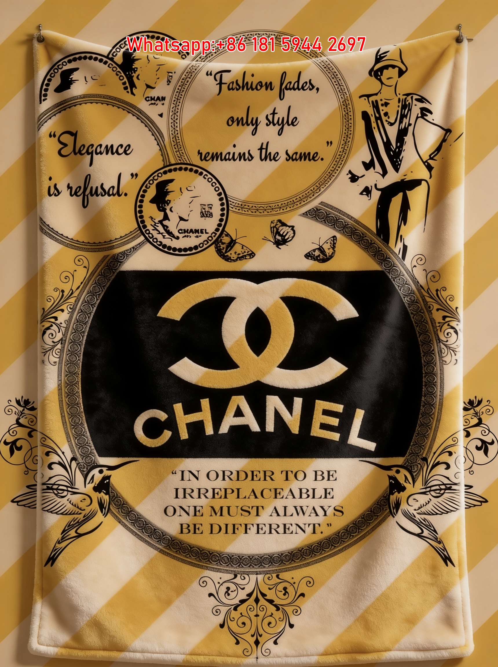 Chanel Flannel Throw Blanket Vintage Hot Air Balloon Paris Print IMG_7344